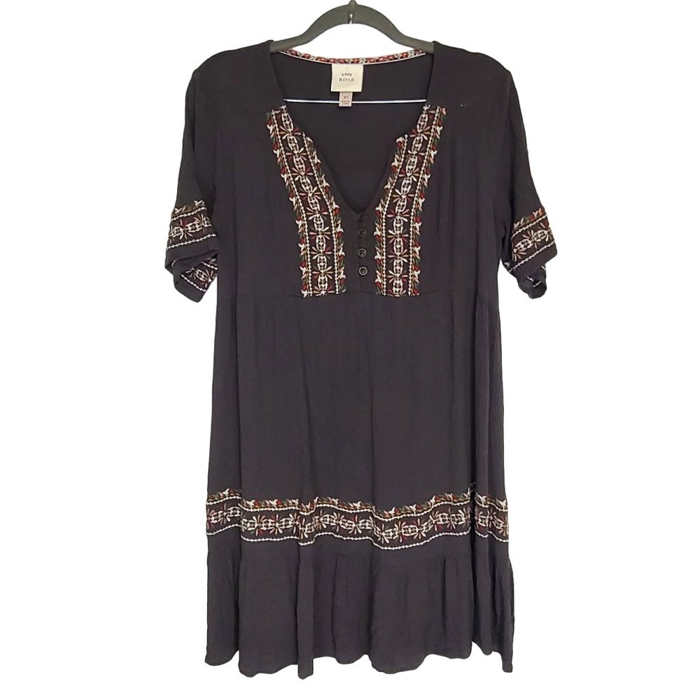 Knox Rose Womens Brown Embroidered Boho Prairie Cottage Short Sleeve Dress Sz XS